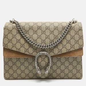 Pre Owned Gucci Beige GG Supreme Canvas and Suede Medium Dionysus Shoulder Bag