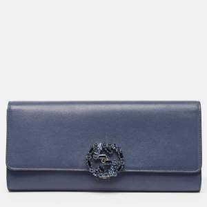 Gucci Dark Blue Leather GG Crystals Broadway Clutch