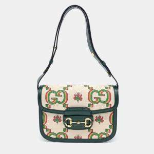 Gucci Ivory/Green 100th Anniversary 1955 Horsebit Shoulder Bag