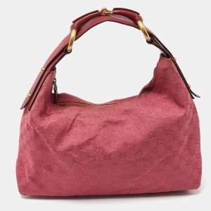 Pre Owned Gucci Pink GG Canvas and Leather Horsebit Handle Hobo