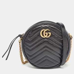 Pre Owned Gucci Black Matelassé Leather Mini GG Marmont Round Shoulder Bag