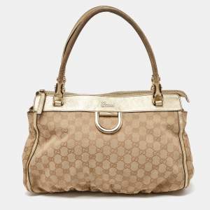 Gucci Beige/Gold GG Canvas and Leather D Ring Satchel