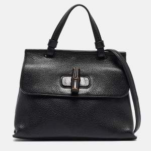 Pre Owned Gucci Black Leather Small Bamboo Daily Top Handle Bag