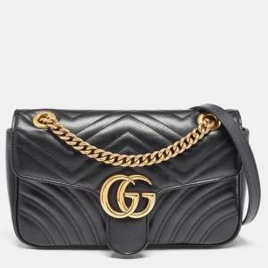 Pre Owned Gucci Black Matelassé Leather Small GG Marmont Shoulder Bag
