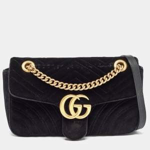 Pre Owned Gucci Black Matelassé Velvet Small GG Marmont Shoulder Bag