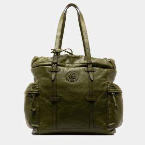 Gucci Green Leather Double G Drawstring Tote Bag