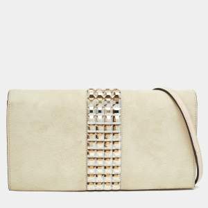 Pre Owned Gucci Beige Suede Crystals Embellished Flap Chain Clutch