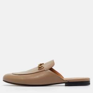 Pre Owned Gucci Brown Leather Princetown Flat Mules Size 40 