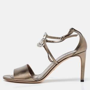 Gucci Metallic Leather Crystal Embellished Interlocking G Ankle Strap Sandals Size 40.5