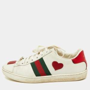 Gucci White Leather Ace Heart Web Low Top Sneakers Size 37