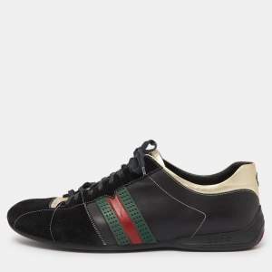 Gucci Gold/Black Leather and Suede Web Detail Low Top Sneakers Size 44.5