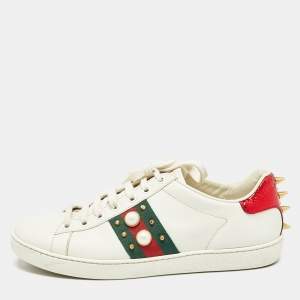 Gucci White Leather Studded and Spiked Ace Sneakers Size 37