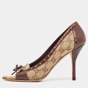 مملوكة مسبقًا Gucci Brown/Beige GG Canvas Horsebit Tassel Bow Pumps Size 39