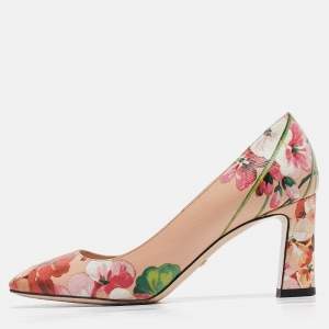 Pre Owned Gucci Beige Blooms Print Leather Block Heel Pumps Size 36.5