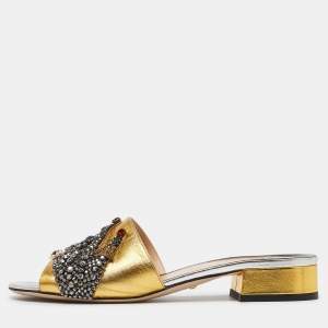 Gucci Gold Leather Crystal Embellished Slide Sandals Size 37