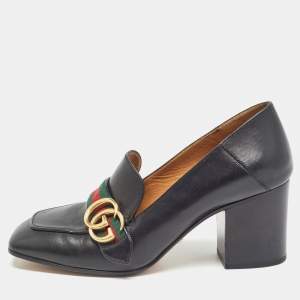 Pre Owned Gucci Black Leather Peyton Block Heel Pumps Size 37.5