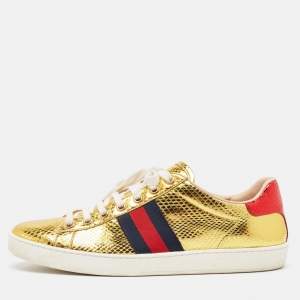 Gucci Gold Embossed Snakeskin Ace Sneakers Size 39