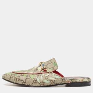 Gucci Beige/Grey Canvas Princetown Mules Size 39.5 