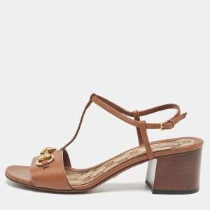 Gucci Brown Leather Horsebit T-Strap Sandals Size 37.5