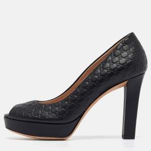 Pre Owned Gucci Black Microguccissima Leather Peep Toe Platform Pumps Size 37.5