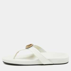 Gucci White Patent Leather Hysteria Thong Flat Slide Sandals Size 38.5