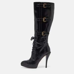 Gucci Black Leather Riddle Lace-Up Platform Knee Boots Size 38.5