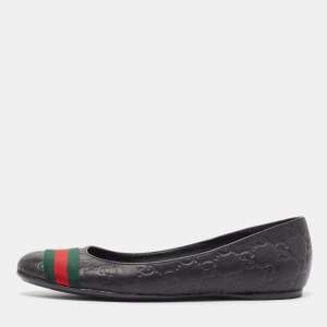 Pre Owned Gucci Black Guccissima Leather Web Detail Ballet Flats Size 37