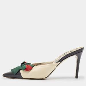 Gucci Cream/Black Leather Sackville Web Bow Mules Size 39