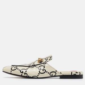 Pre Owned Gucci Cream/Black Guccissima Leather Princetown Flat Mules Size 38.5