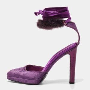 Gucci Purple Velvet and Mink Fur Ankle Strap Sandals Size 37.5