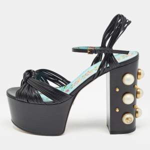 Gucci Black Leather Pearl & Stud Embellished Platform Sandals Size 38