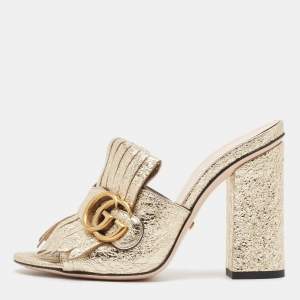 Gucci Gold Texture Leather GG Marmont Sandals Size 35.5