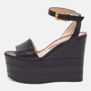 Gucci Black Leather Sally Wedge Platform Ankle Strap Sandals Size 35