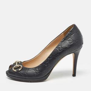 Gucci Black Guccissima Leather Horsebit Peep Toe Pumps Size 36.5