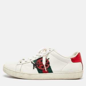 Gucci White/Red Leather and Snake Embossed Leather Ace Pineapple Sneakers Size 36