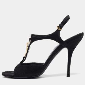 Gucci Black Suede T-Strap  Open Toe Sandals Size 38.5