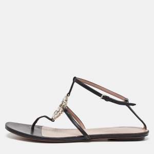 Gucci Black Leather Crystal Embellished GG Thong Flat Sandals Size 38.5