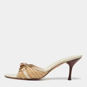 Gucci Brown/Beige Raffia and Leather Bamboo Horsebit Slide Sandals Size 40.5 