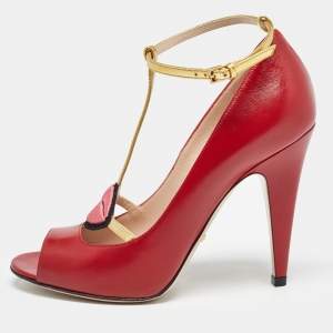 Gucci Red Leather Molina Ankle Strap Pumps Size 37