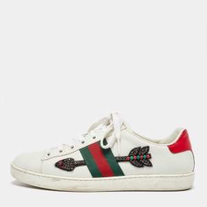 Gucci White Leather Embellished Arrow Ace Sneakers Size 37.5