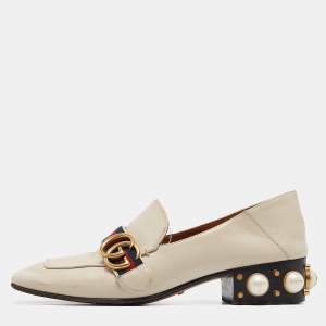 Pre Owned Gucci Cream Leather Embellished GG web Double Pumps Size 38