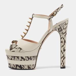 Gucci Cream/Brown Leather and Watersnake Angel Platform Sandals Size 38