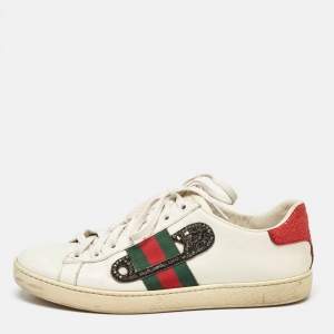 Gucci White Leather Snakeskin Embossed Leather Ace Low Top Sneakers Size 39