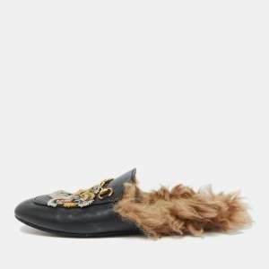 Gucci Black Leather and Fur Tiger Embroidered Princetown Mules Size 39