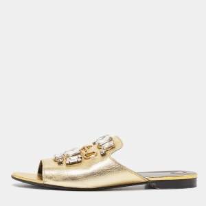 Gucci Gold Leather Crystal Embellished Horsebit Flat Slides Size 39