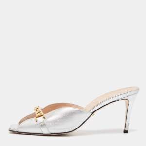 Gucci Silver Leather Sylvie Chain Detail Mules 39.5