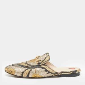 Gucci Black/Gold Brocade Fabric Princetown Flat Mules Size 37