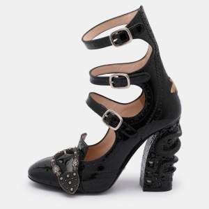 Gucci Black Brogue Patent Leather Queencore Dionysus Embellished Sandals Size 38