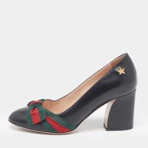 Gucci Black Leather Web Bow Block Heel Pumps 35.5