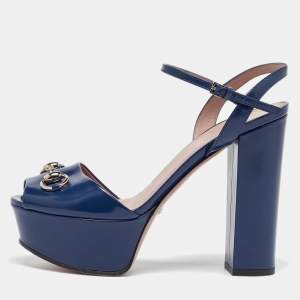 Gucci Blue Patent Leather Claudie Ankle Strap Sandals Size 37.5